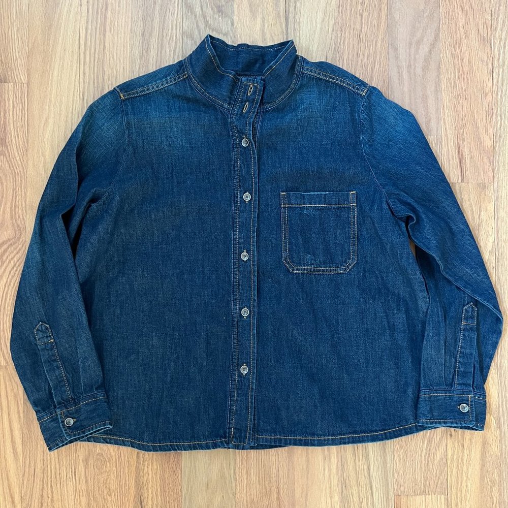 soft surroundings - denim chambray shirt - 100% cotton - size petite L